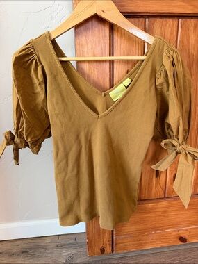 Maeve Anthropologie Puff Sleeve Ribbed Top | Mustard Ochre Tie Sleeve S